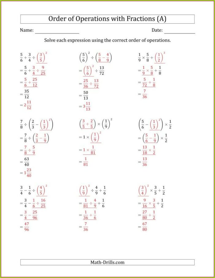 6th Grade Order Of Operations With Fractions Worksheet