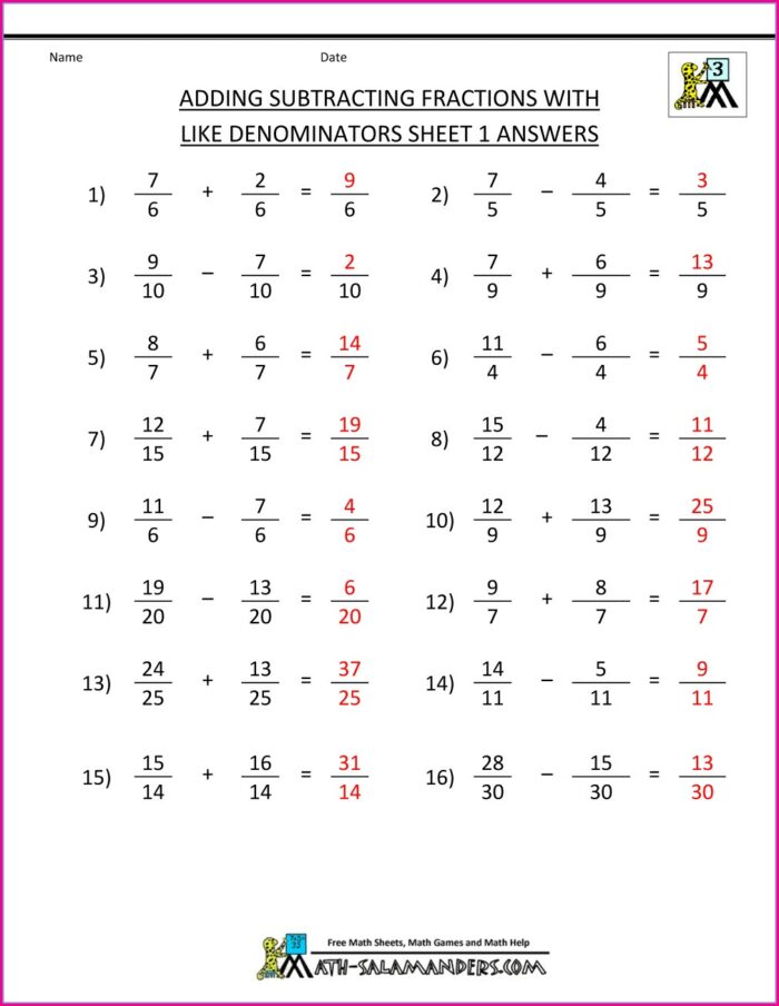 Adding And Subtracting Fractions With Unlike Denominators Worksheet Answer Key