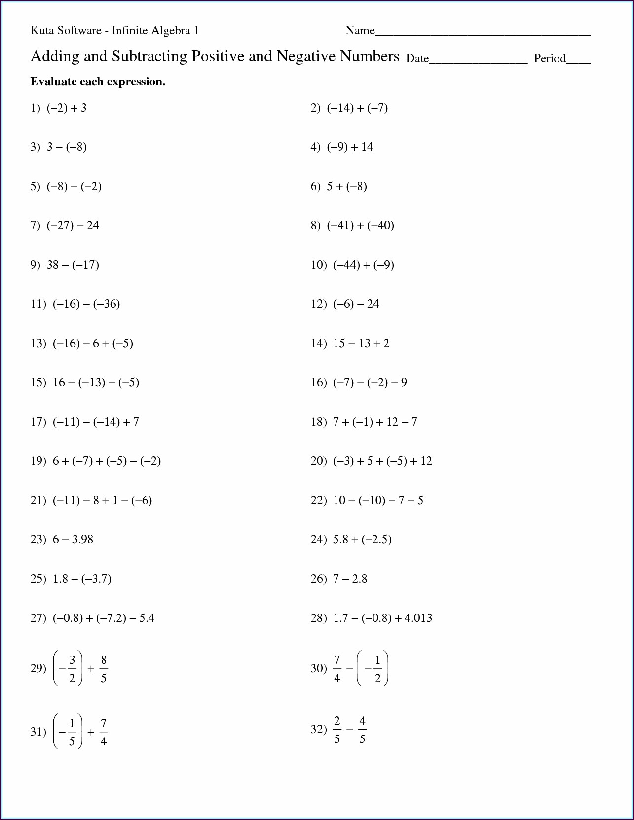 Adding And Subtracting Positive And Negative Numbers Worksheet