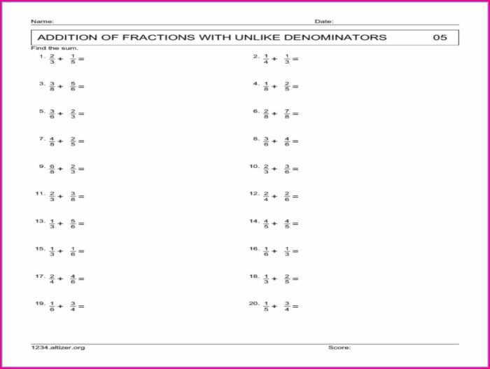 Addition Of Fractions With Unlike Denominators Worksheet