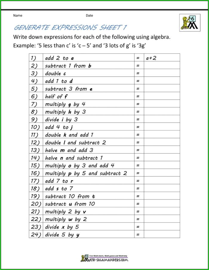Algebra Worksheet For Class 6 Pdf