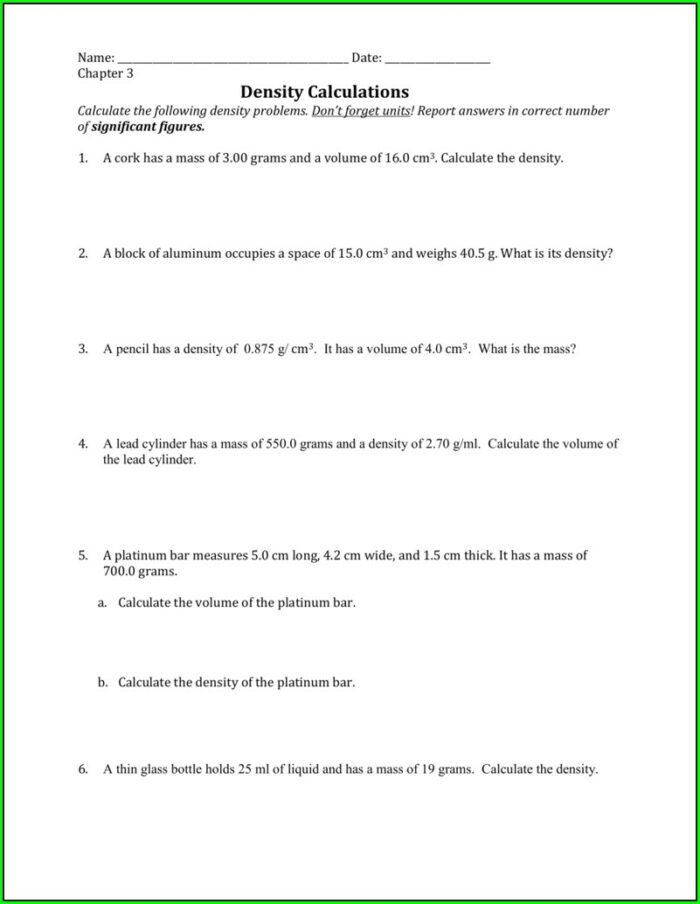 Answer Key Density Calculations Worksheet 1