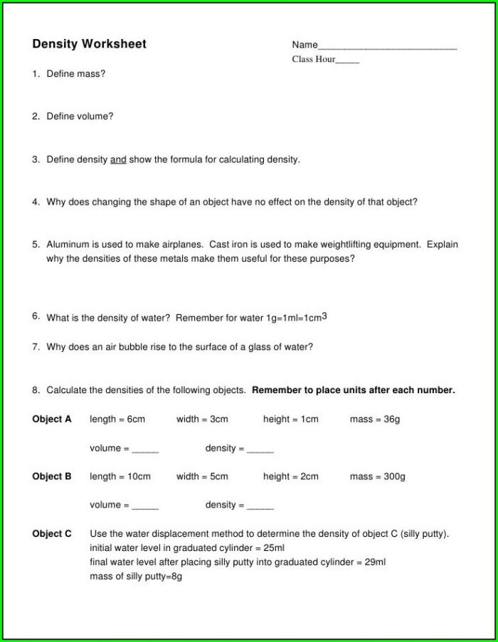 Answer Key Density Calculations Worksheet