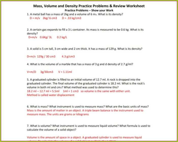 Answer Key Density Word Problems Worksheet Answers