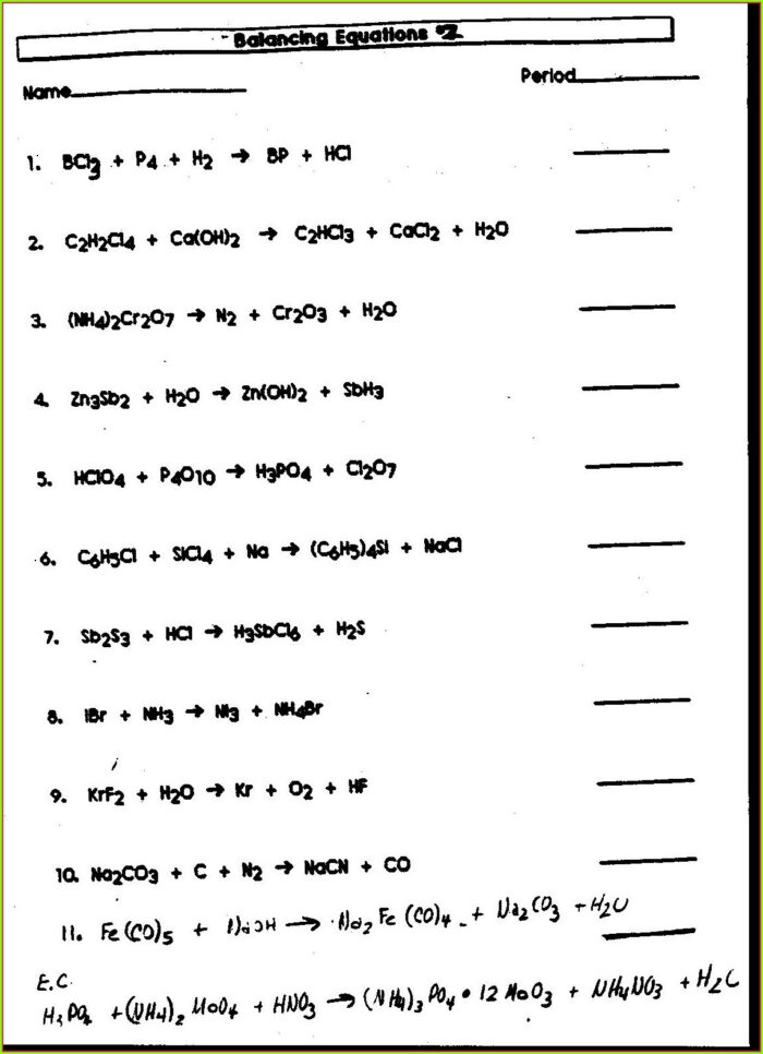 Balancing Equations Worksheet Physical Science If8767 Answers