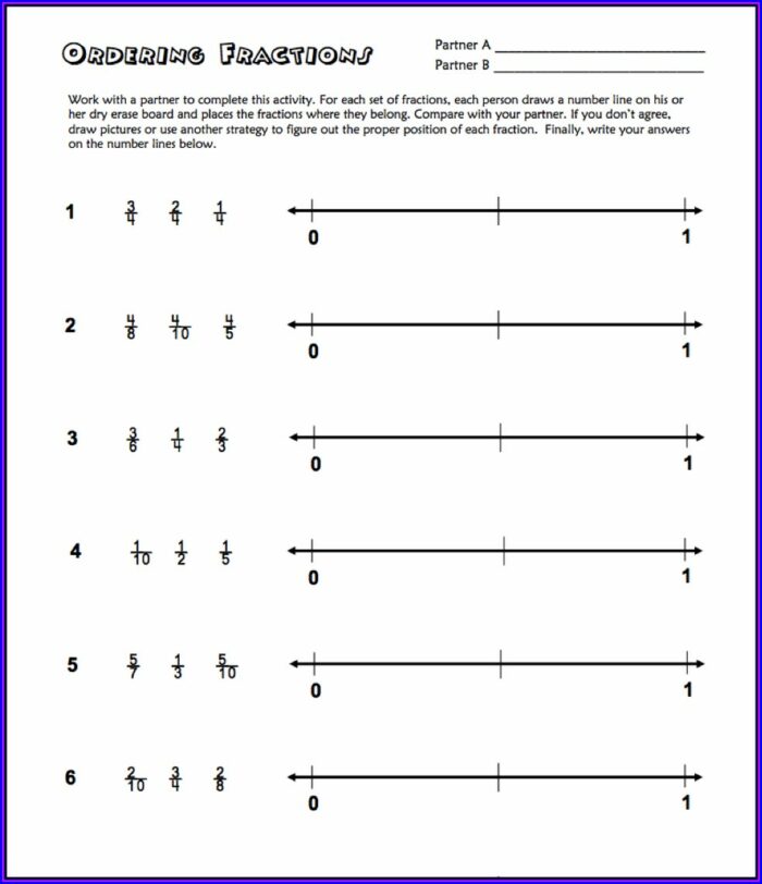 Comparing Fractions On A Number Line Worksheet