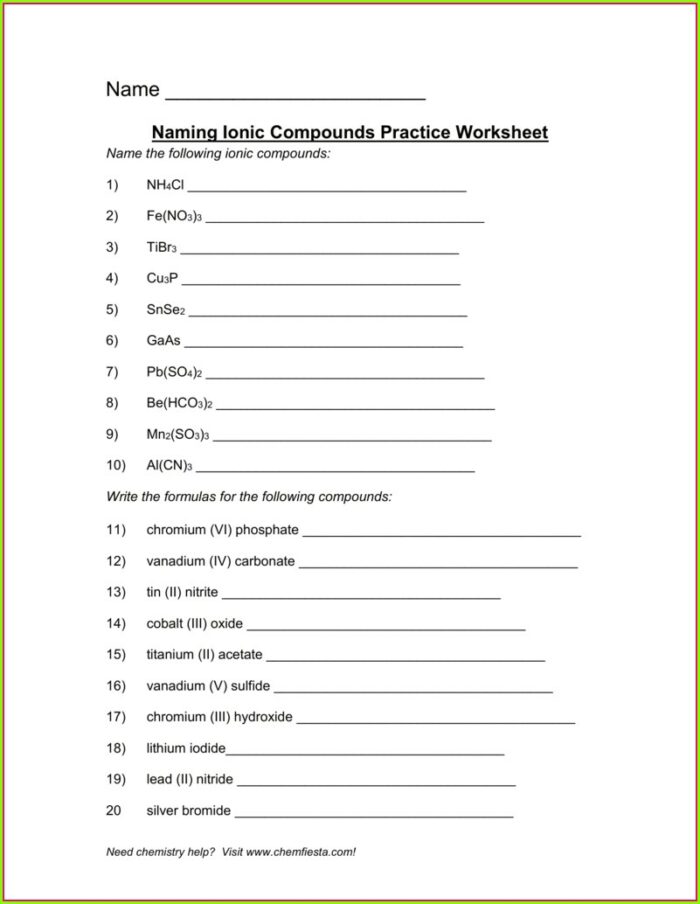 Covalent Compounds Writing Formulas And Naming Worksheet