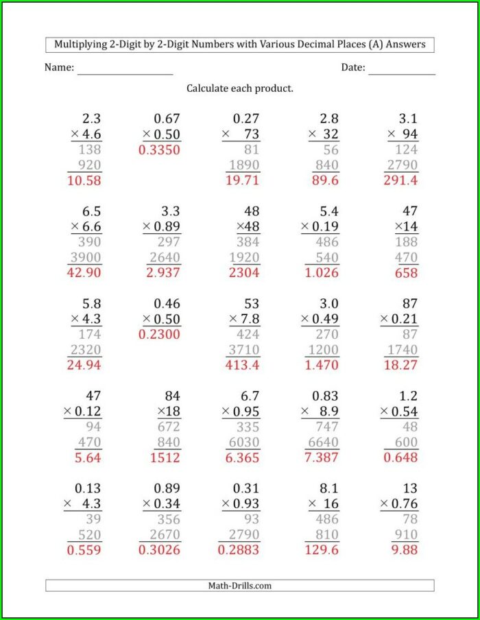 Decimal Multiplication Worksheet With Answers