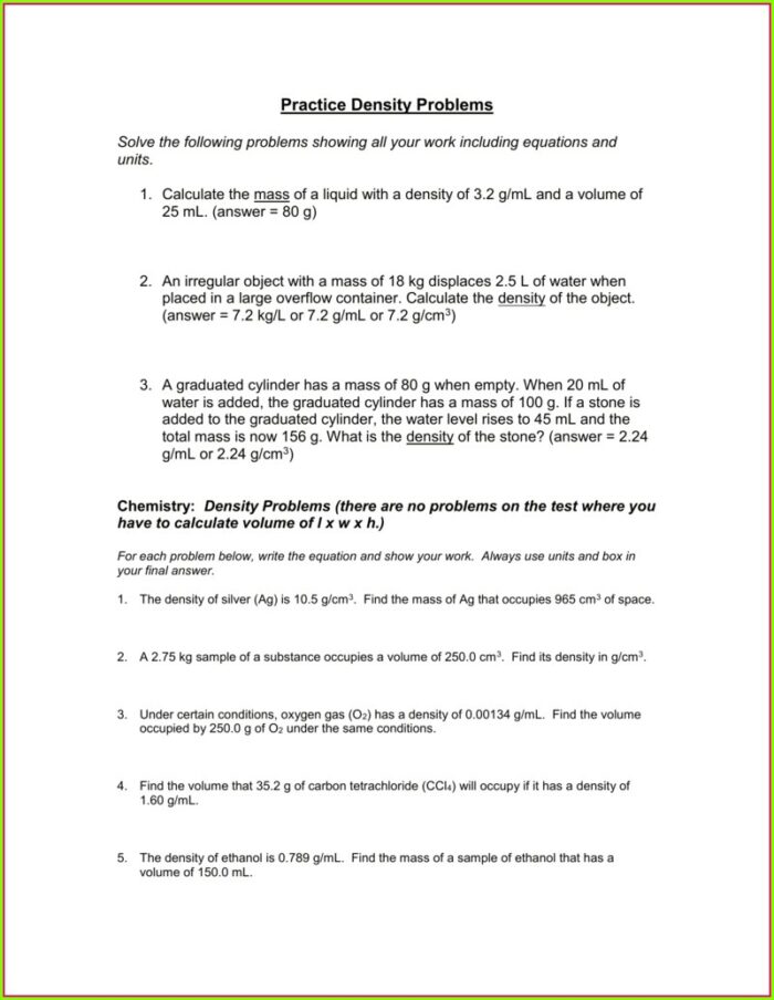 Density Problems Worksheet Answer Key