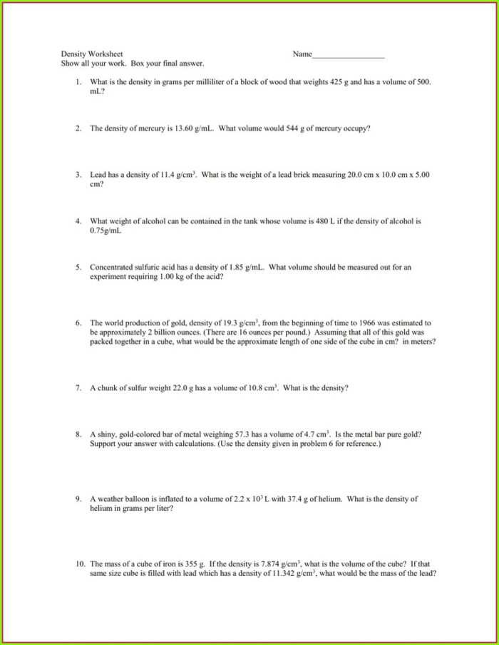 Density Worksheet Record All Your Work Answers