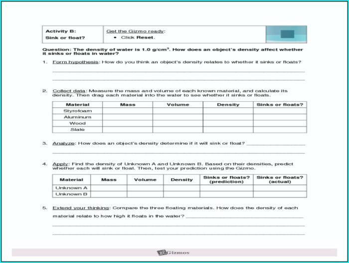 Exploring Density Worksheet Answer Key