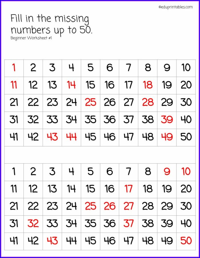 Missing Numbers Worksheet 1 50 Pdf