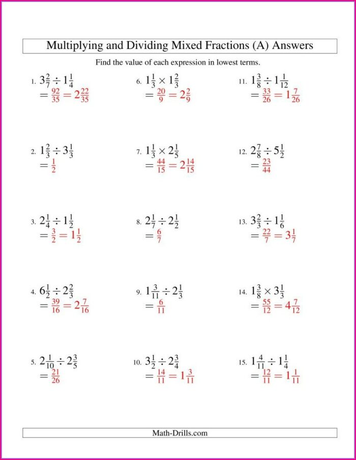 Multiplication Of Mixed Numbers Worksheet Pdf