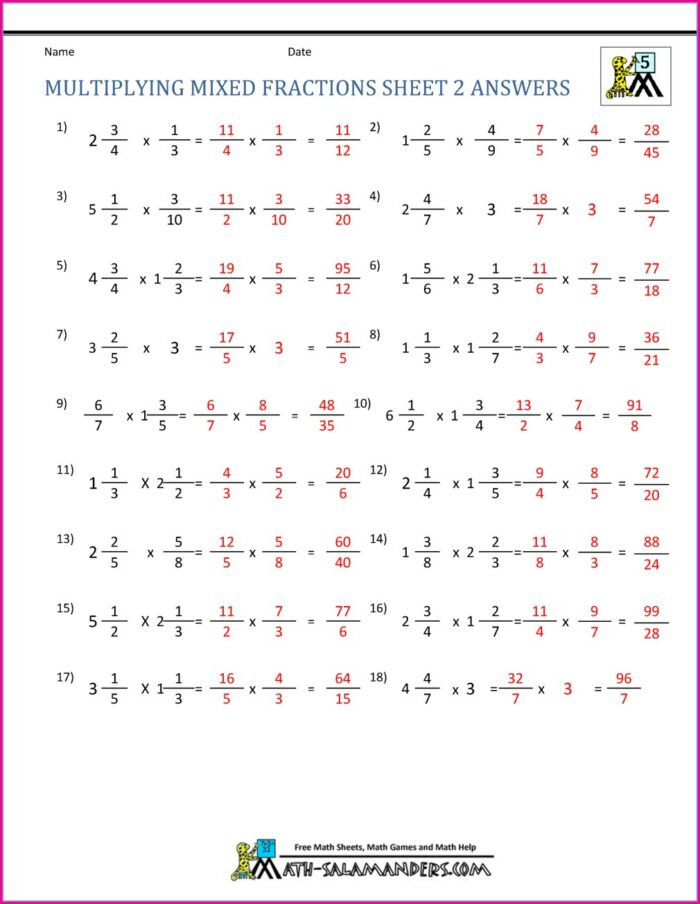 Multiplying Mixed Numbers Worksheet Tes