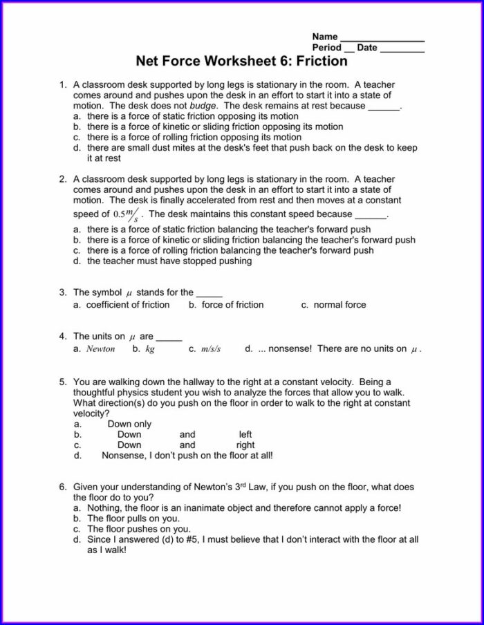 Opposing Friction Physical Science Worksheet Answers