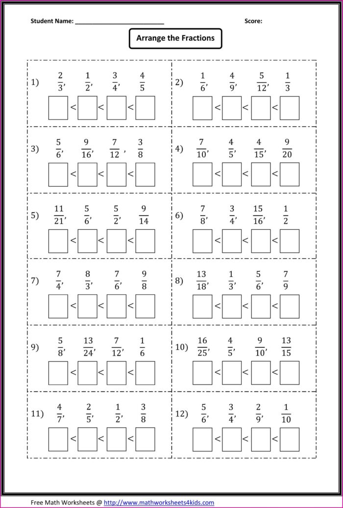 Ordering Fractions With Unlike Denominators Worksheet