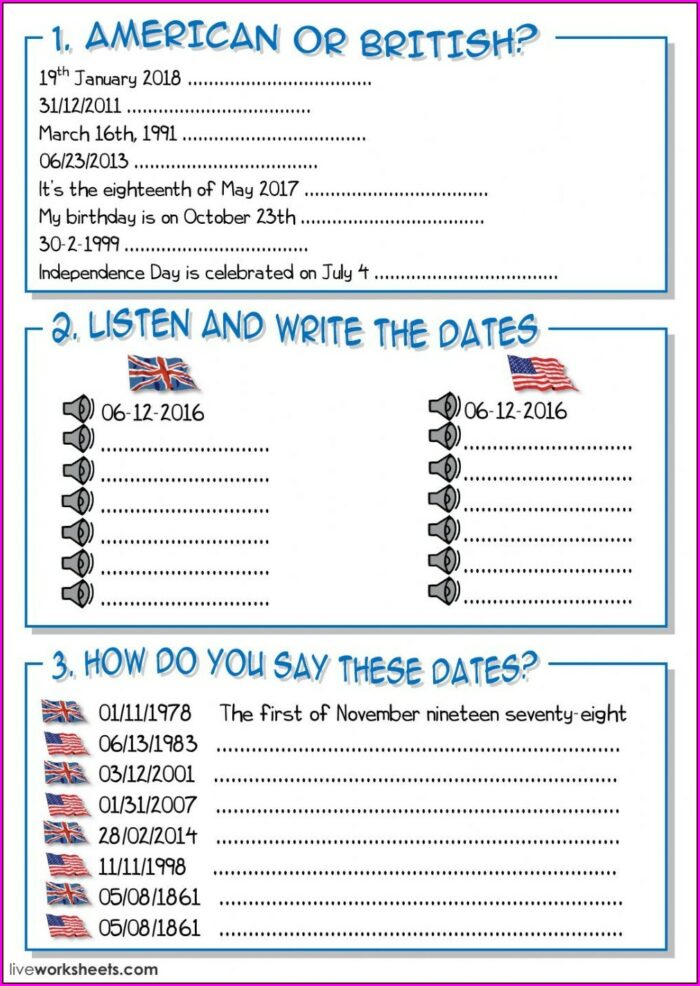 Ordinal Numbers Date Exercises