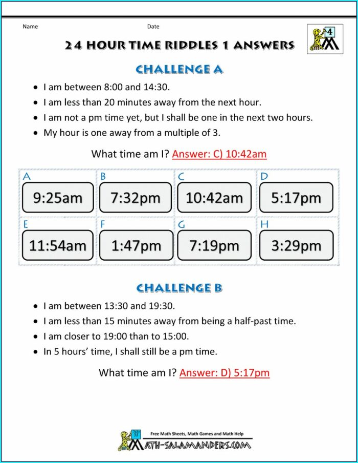 Puzzle Time Math Worksheet Answers