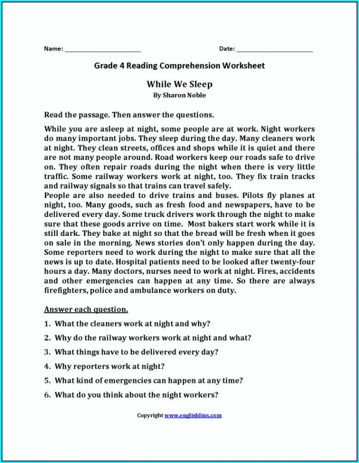 Reading Comprehension Worksheet And Answers