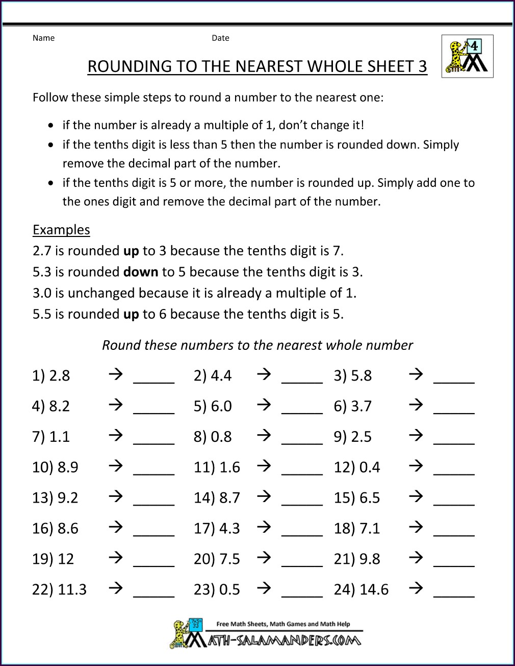 Rounding Integer Numbers Worksheet