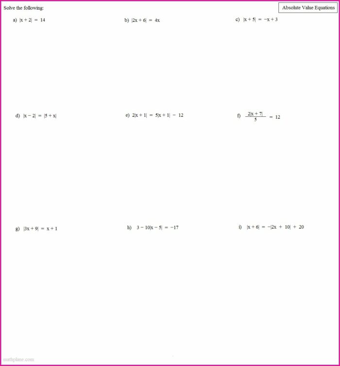 Solving Absolute Value Equations And Inequalities Worksheet