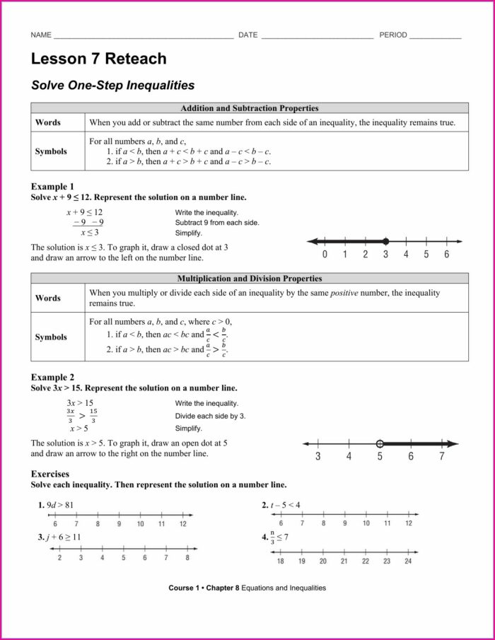 Solving One Step Inequalities Worksheet Answers
