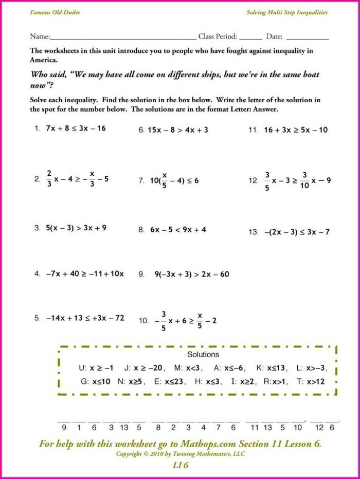 Solving One Two Step Inequalities Worksheet Answer Key