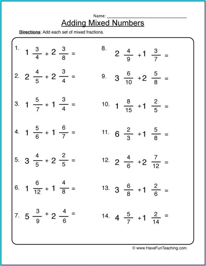 Subtracting Mixed Numbers And Improper Fractions Worksheet