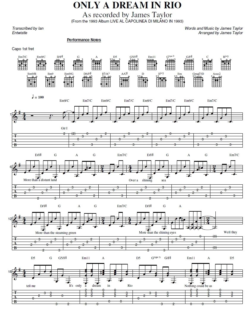Only A Dream In Rio guitar tab The Songs Of James Taylor