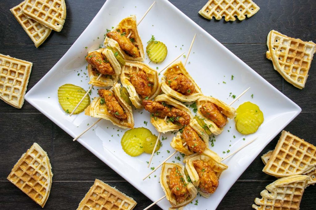 Spicy Chicken and Waffle Sliders (on a Stick!) The Starving Chef