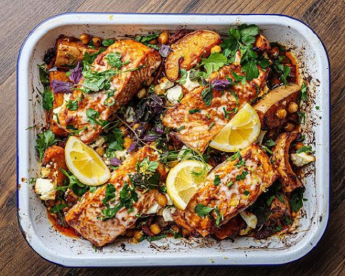 Simon Rimmer Harissa Salmon Tray Bake recipe on Sunday Brunch The