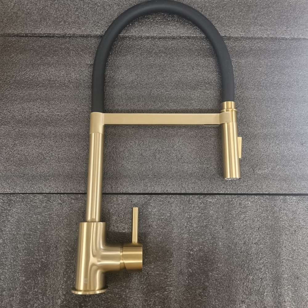 Vibrance Tube Spray Kitchen Tap in Brushed Brass and black finish CL102