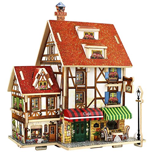 DIY 3D Wood House Puzzle Kids Wooden Toy House Coffee Lodge Home Coffee