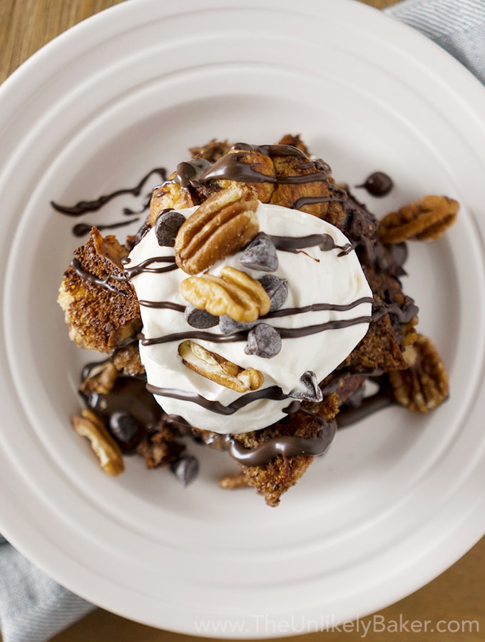 Chocolate Kahlua Bread Pudding with Pecans and Chocolate Chips