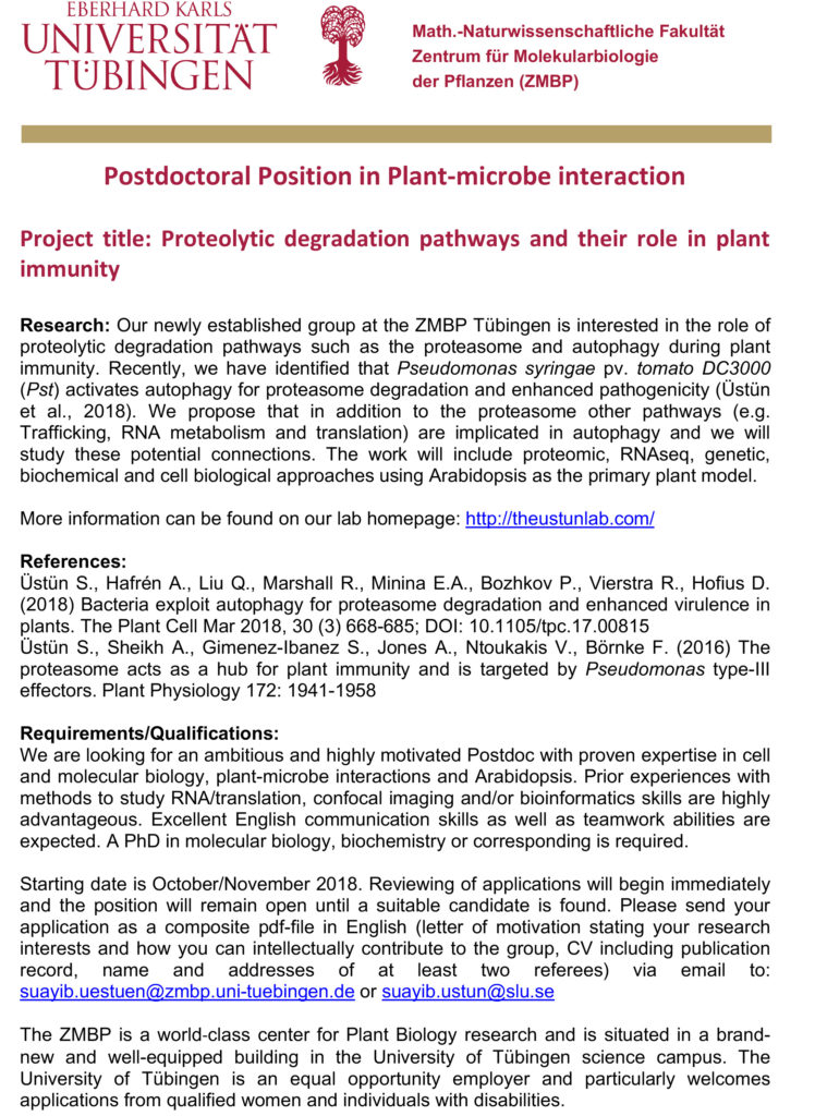Postdoctoral Position in Plantmicrobe interaction & Proteolytic