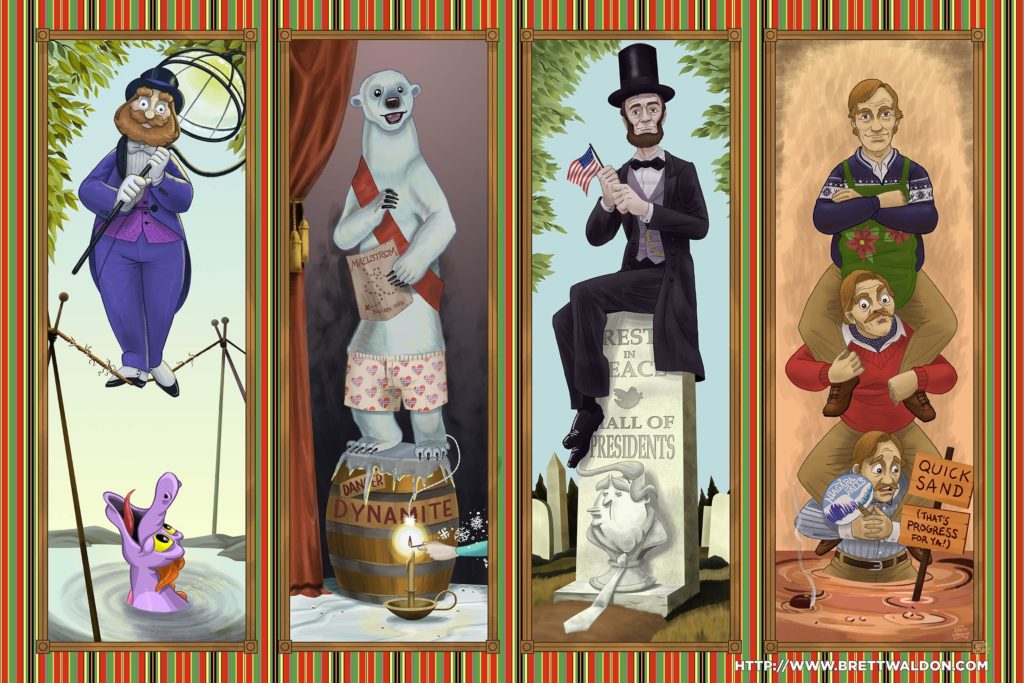 Haunted Mansion stretching room fan art of different animatronics from