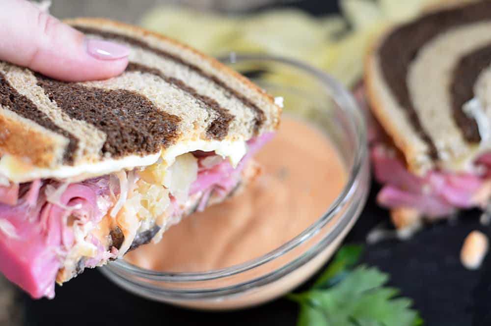 VEGAN Corned Jackfruit Reuben on Rye With Sauerkraut and Swiss TheVegLife