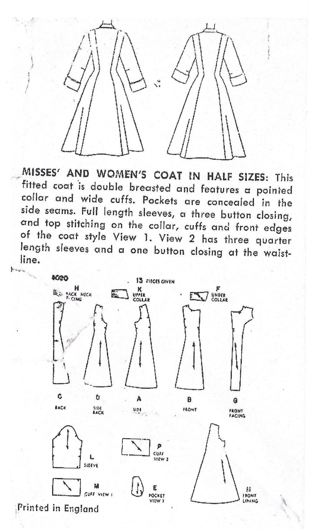 1952 Vintage Sewing Pattern COAT B33" (R313) The Vintage Pattern Shop