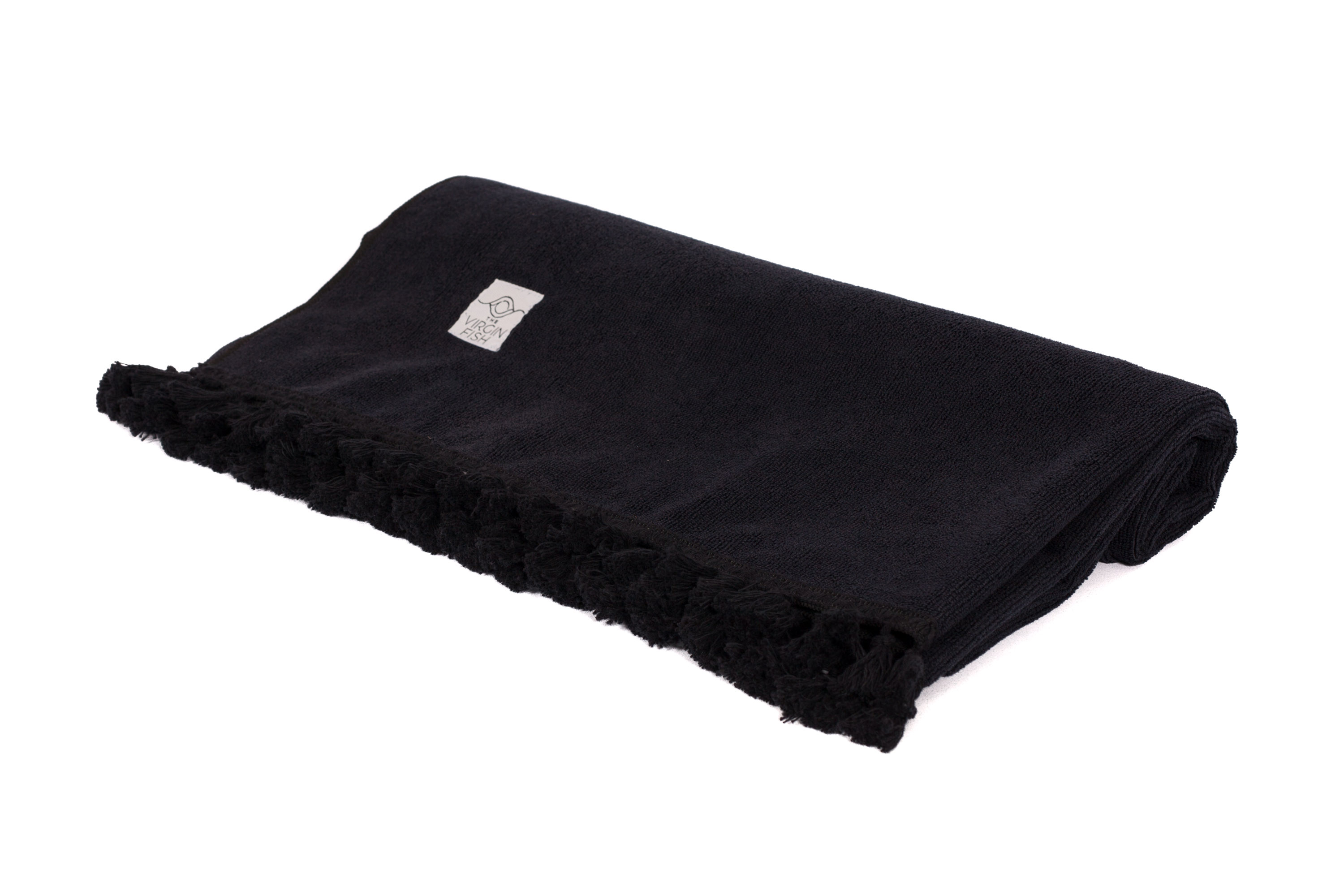 Black fine cotton beach towel with black fringe