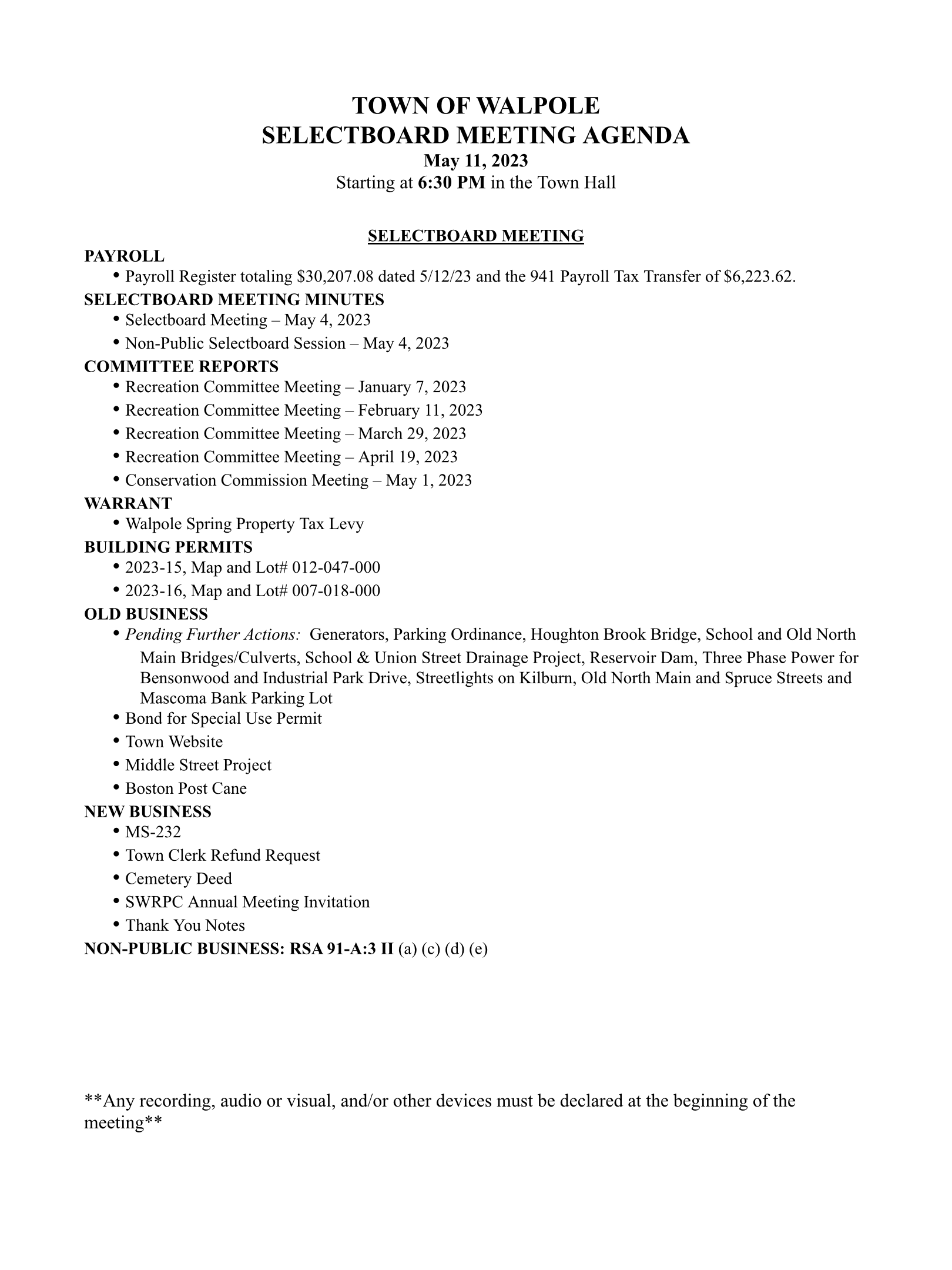 Selectboard Meeting Agenda 5/11/23 The Walpolean