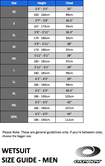 Wetsuit Size Charts | TheWaveShack.com