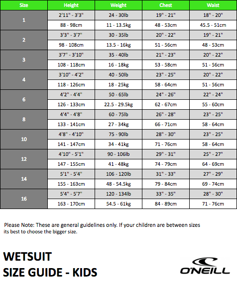 Wetsuit Size Charts | TheWaveShack.com