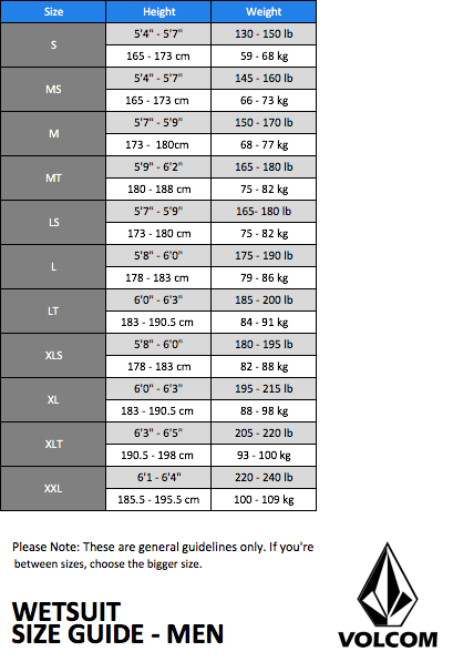 Volcom Wetsuit Size Chart - The Wave Shack