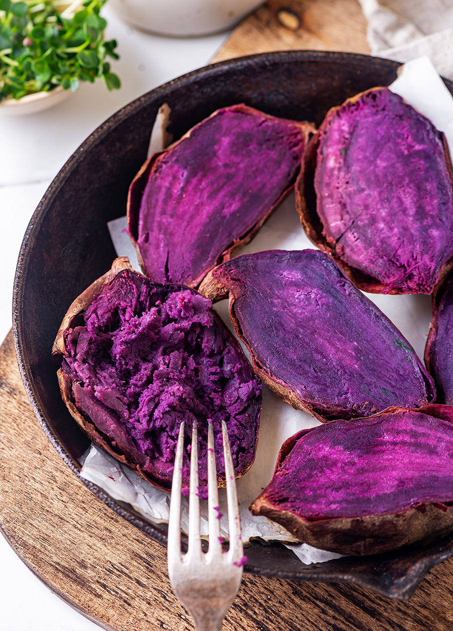 Baked Purple Sweet Potatoes with Beans and Cashew sauce
