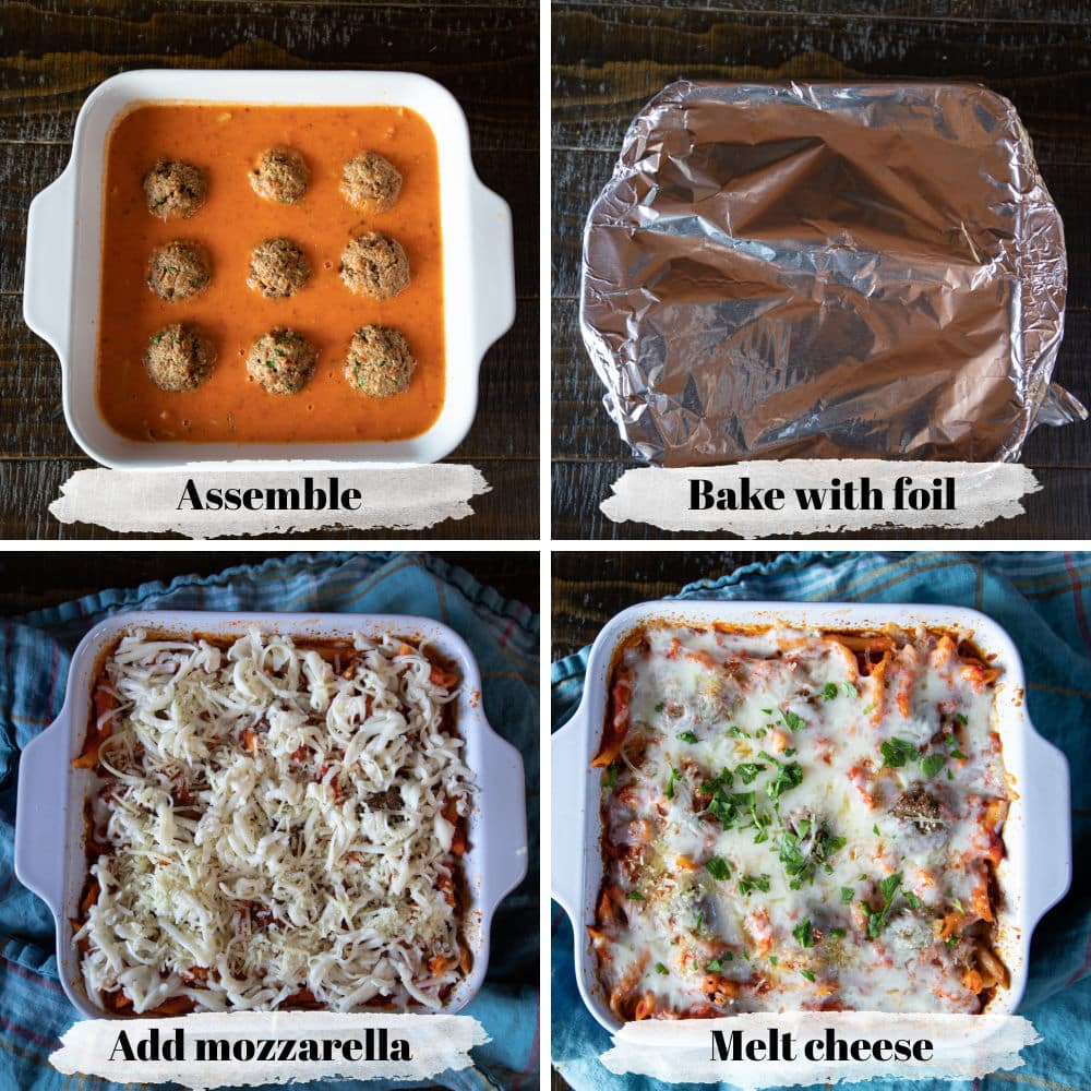 Meatball casserole process shots with text overlay.