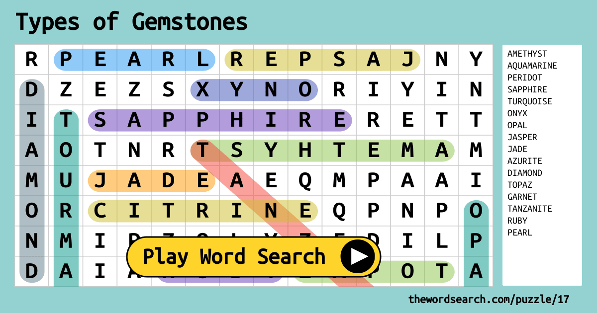 Download Word Search on Types of Gemstones