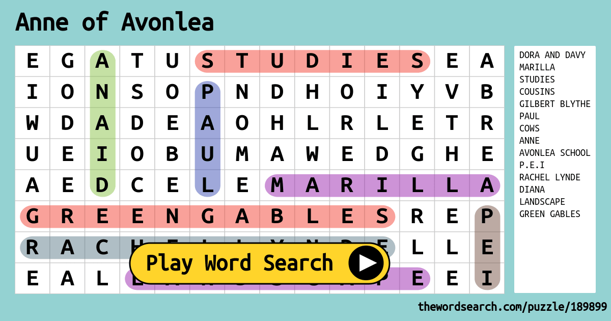 Anne of Avonlea Word Search