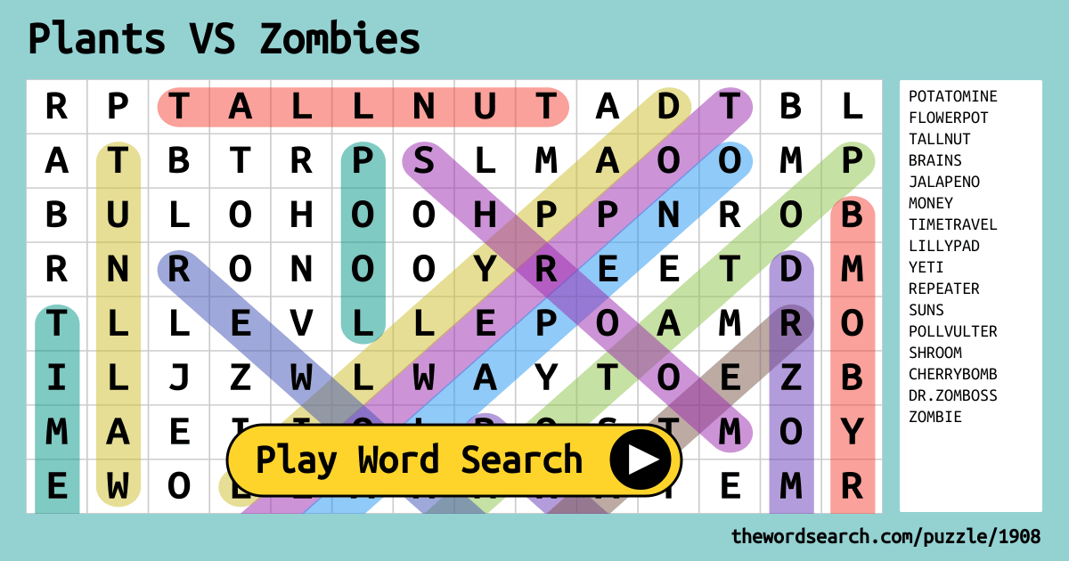 Plants VS Zombies Word Search