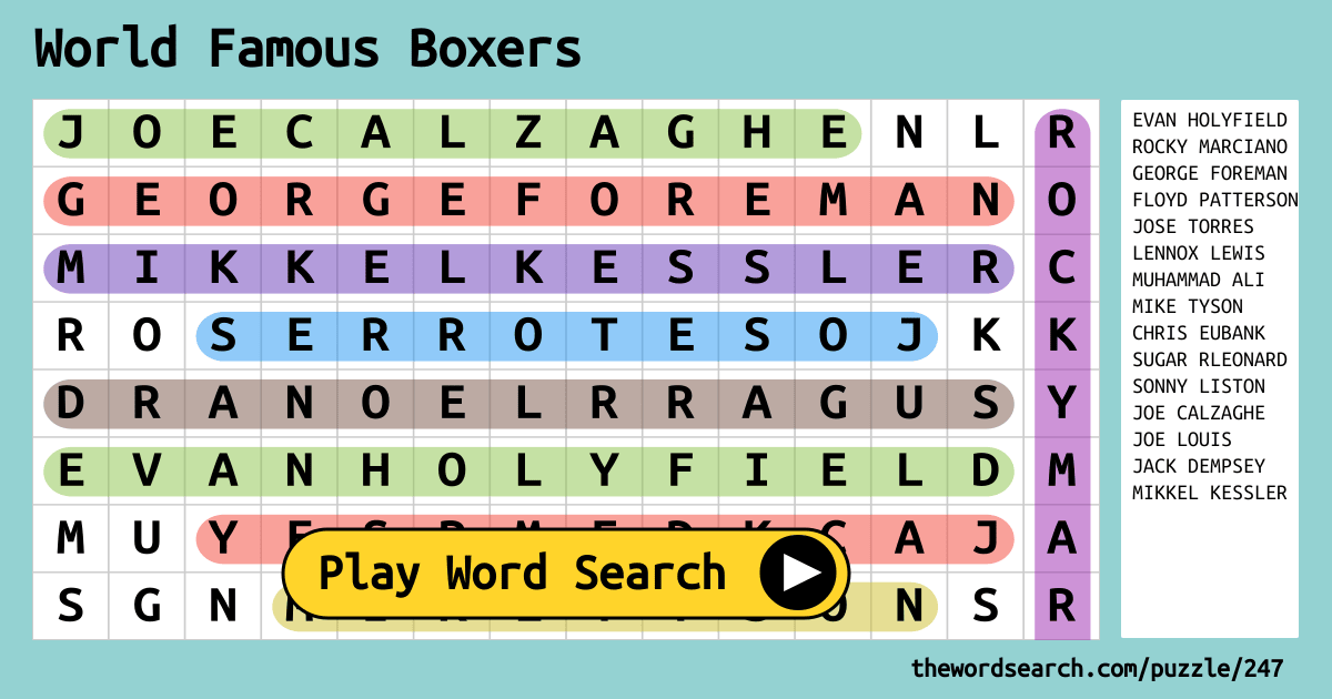World Famous Boxers Word Search