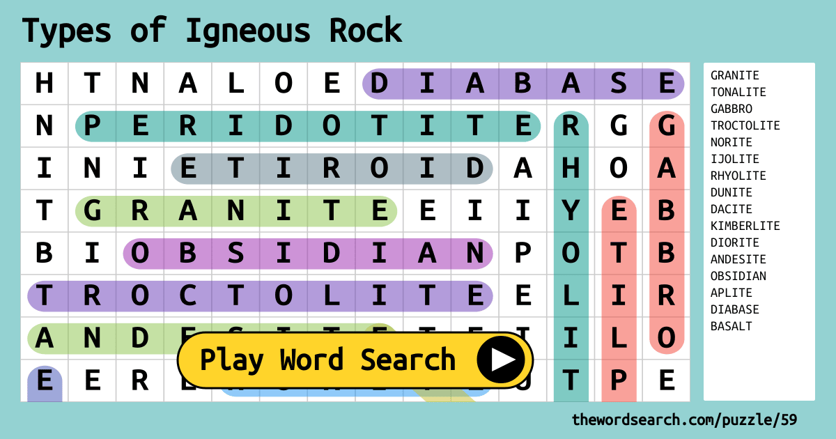 Types of Igneous Rock Word Search
